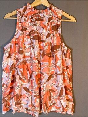 Nine West Sleeveless Smocked Floral Ruffle Neck Blouse Coral Pink Orange Peach